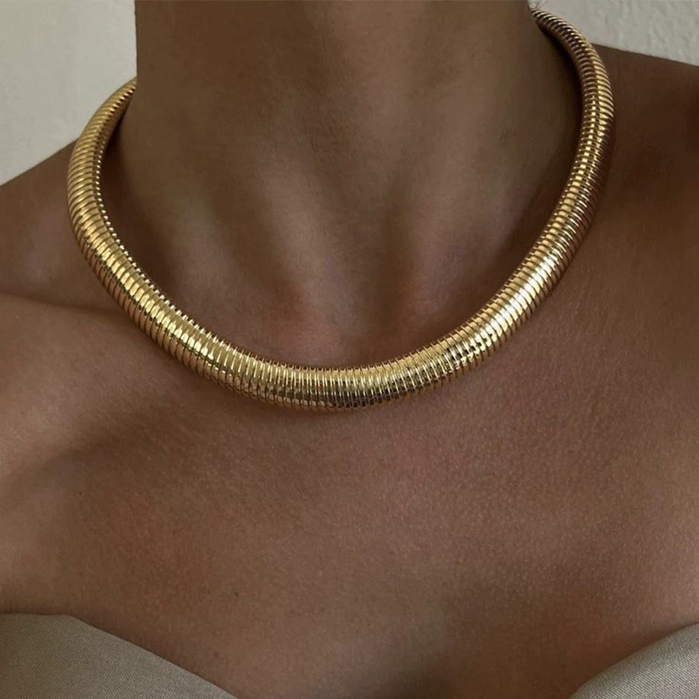 Fiollas 2024 Waterproof Fashion Jewelry 10mm Stretch Necklaces Gold Plated Vintage Gypsy Chunky Choker Stainless Necklace for women