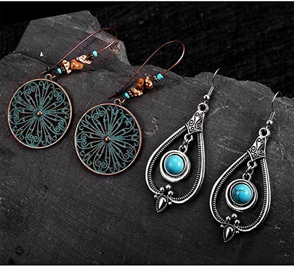 Fiollas Bohemian Retro Turquoise Stone Vintage Drop Earrings Long Boho Earrings Jewelry For Women Gifts